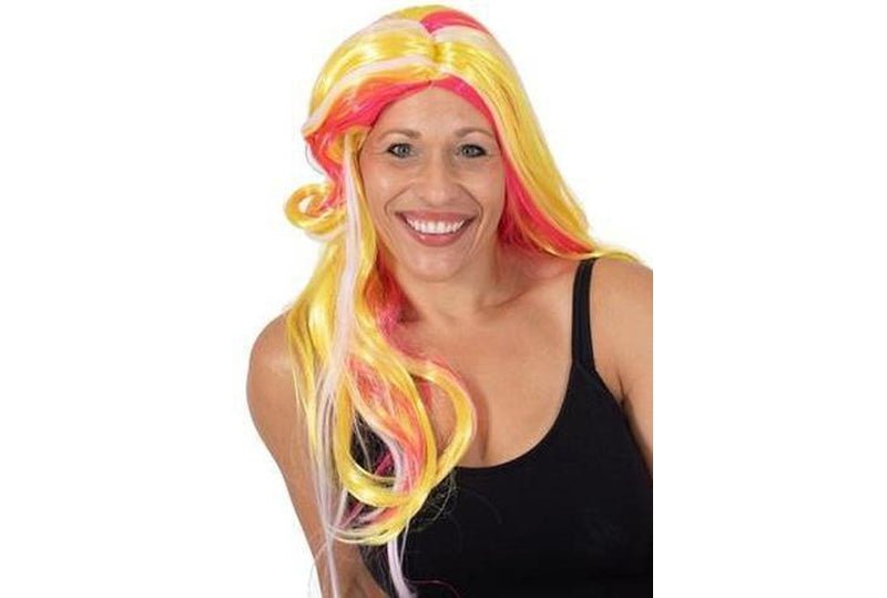 UV color-changing blonde wig with white streaks, perfect for kids playtime at home.