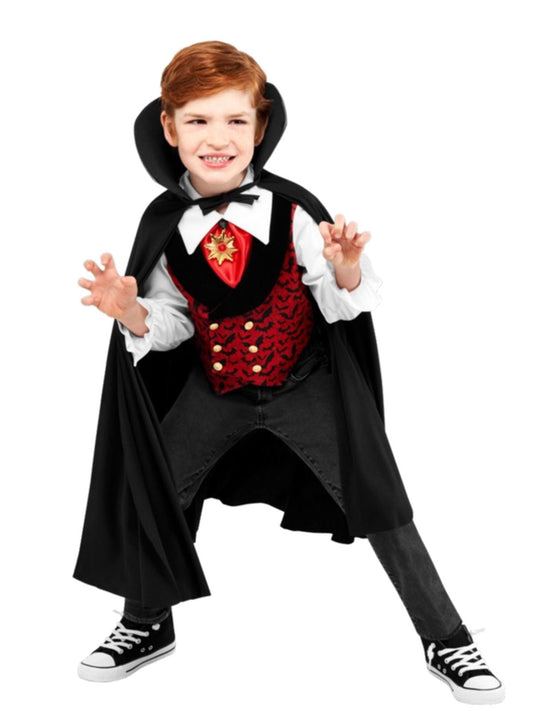 Kids vampire costume featuring cape and medallion for spooky home dress-up fun.