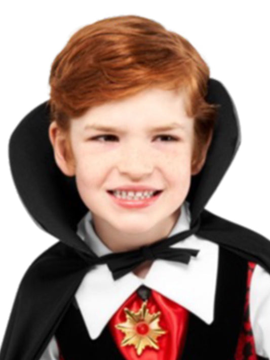 Kids Vampire Costume with Cape and Medallion for spooky home dress-up fun.