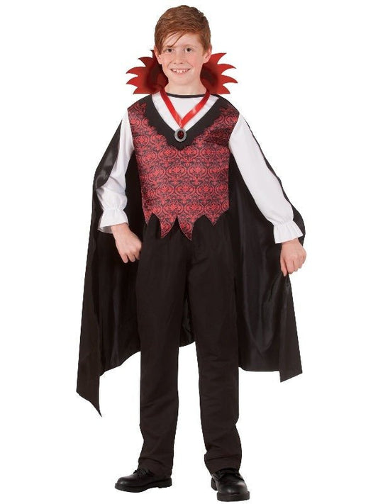 Tween vampire count costume with cape and medallion for spooky dress-up play at home.