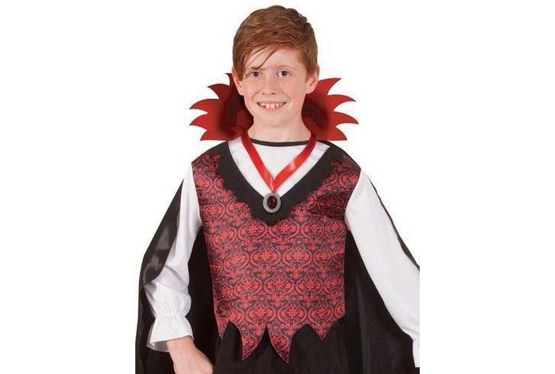 Tween vampire costume with cape and medallion for spooky playtime dress-up at home.