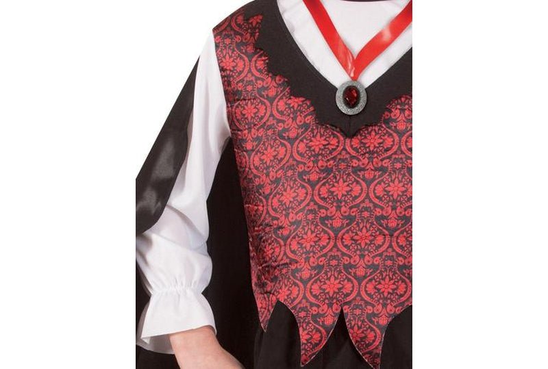 Kids vampire count costume with cape and medallion for spooky dress-up at home.