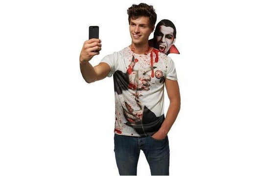 Mens vampire selfie costume for Halloween, featuring photo prop shirt for kids.