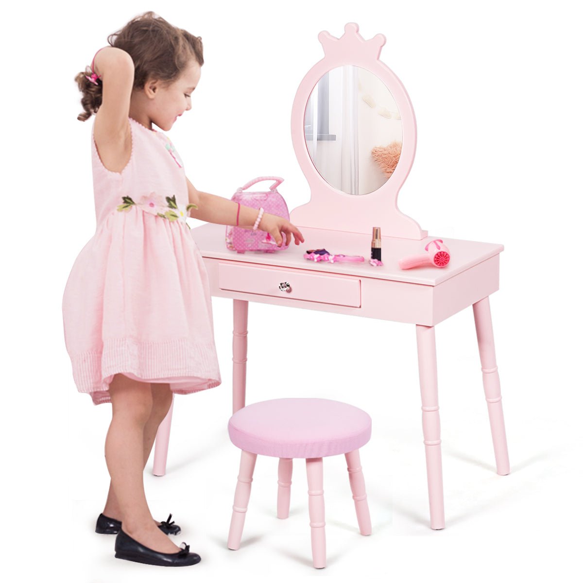 Kids Pink Vanity Table Set - Real Mirror, Play, and Enchanting Elegance