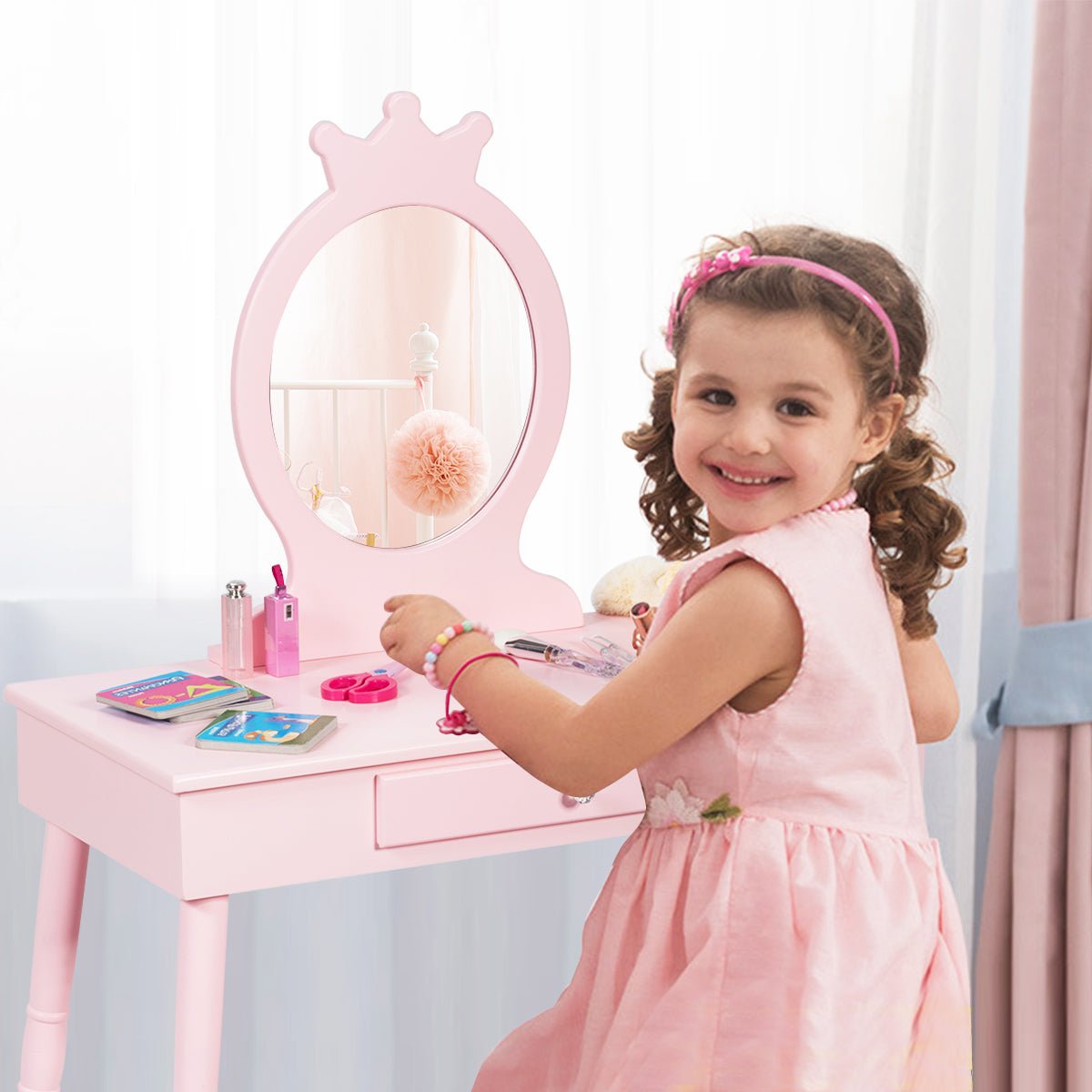 Children's Pink Vanity Set with Real Mirror - Reflect, Pretend, and Shine