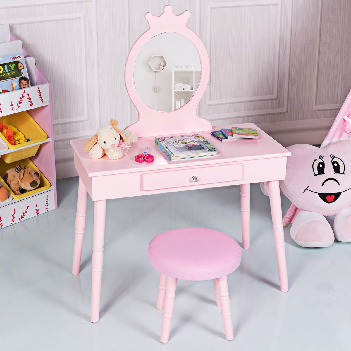 Kids Pink Vanity Table Set with Real Mirror - Explore, Reflect, and Play