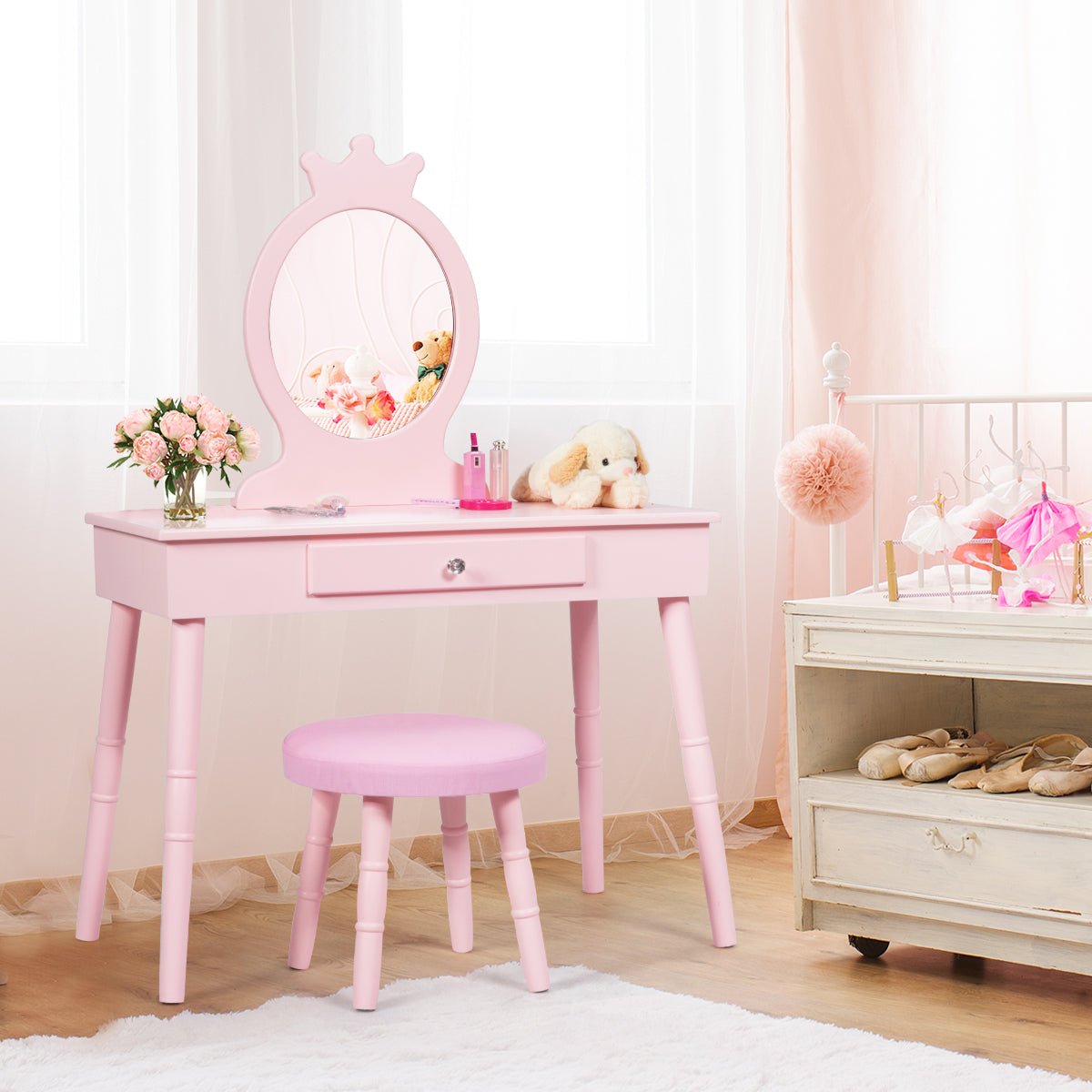 Little Girls Pink Vanity Table Set - Real Mirror, Pretend Play, and Sparkle