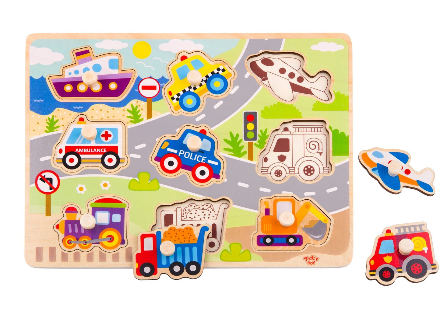 Colorful vehicle peg puzzle for childrens learning and entertainment at home.