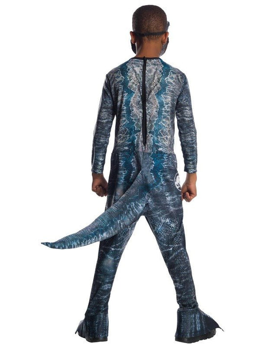 Kids Jurassic World Blue Velociraptor Costume, perfect for imaginative play and themed parties.