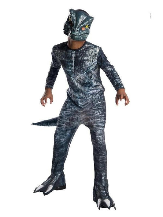 Kids Jurassic World Blue Velociraptor Costume with lifelike details for imaginative play at home