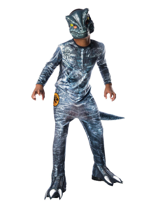 Jurassic World Velociraptor Blue Kids Costume with Mask for fun pretend play at home.