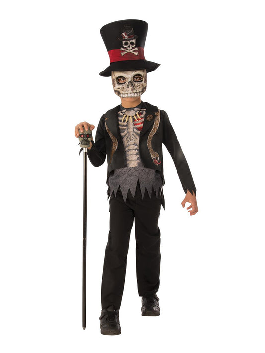 Kids voodoo boy costume set with hat and mask for imaginative play at home.