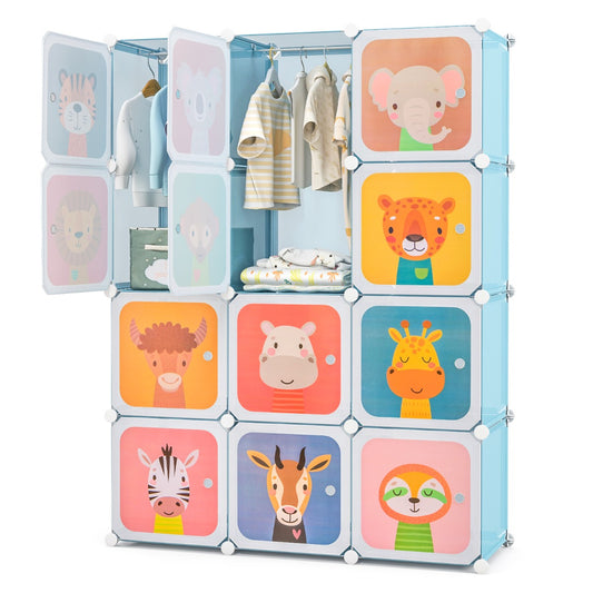 Blue 12 cube kids wardrobe featuring fun animal patterns for childrens bedroom organization.