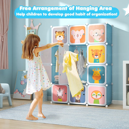 Kids blue wardrobe with animal patterns, perfect for organizing childrens belongings stylishly.