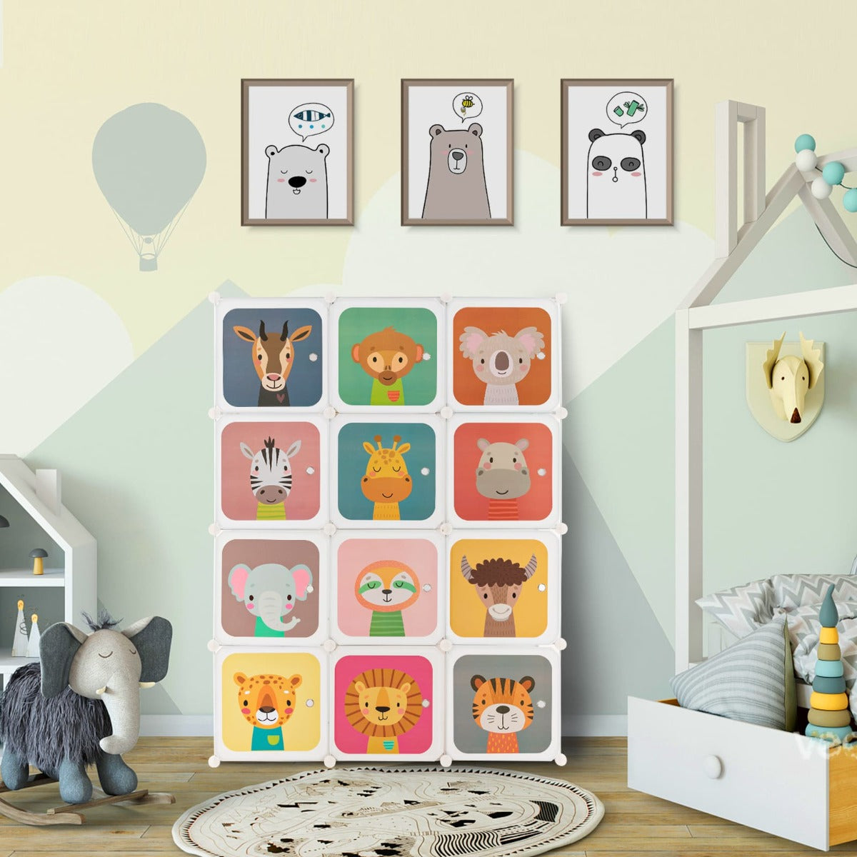 Customizable 12-cube kids wardrobe with hanging rods in vibrant colors for organized storage.