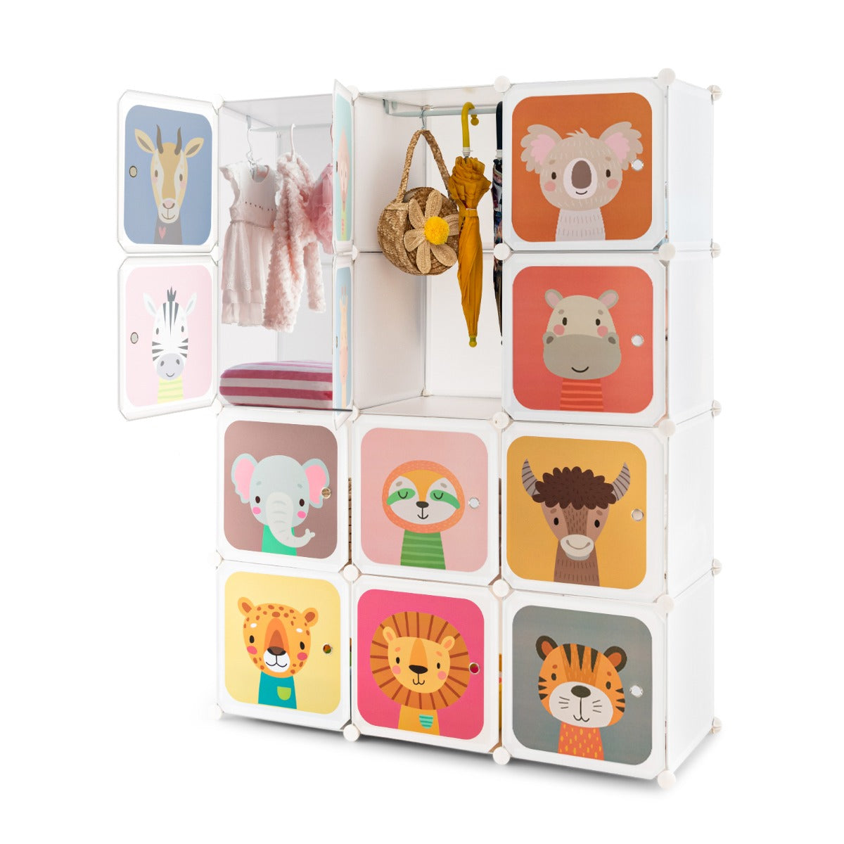 Colorful 12 cube kids wardrobe with hanging rods, customizable - perfect for kids room storage.