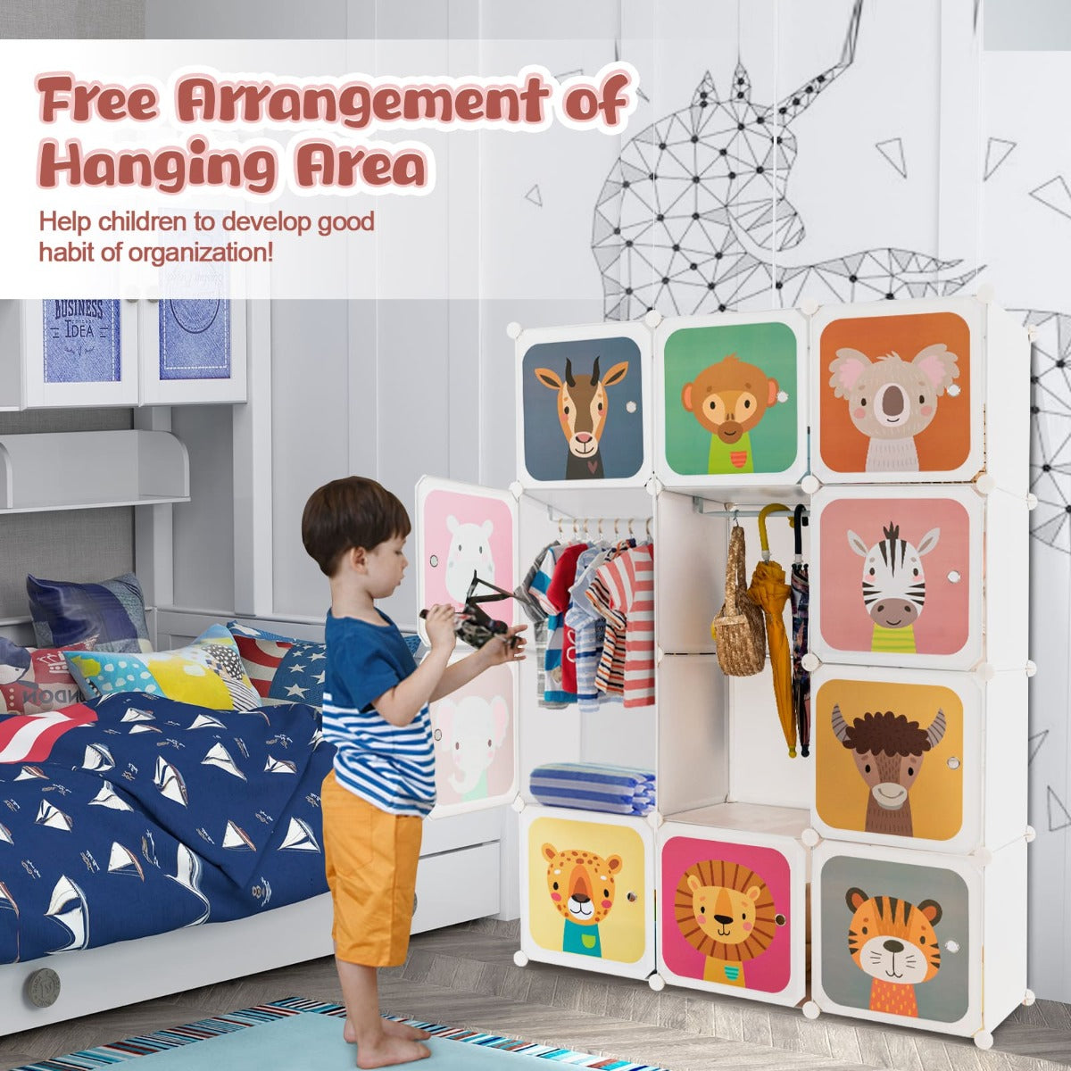 Customizable 12 cube wardrobe for kids with hanging rods in vibrant colors.