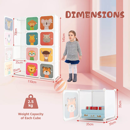 Colorful 12-cube Kids Wardrobe with Hanging Rods for customizable storage solution in childrens rooms.