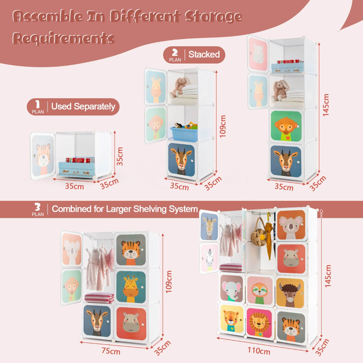 Kids 12-cube Colorful Wardrobe with Hanging Rods - Customizable for organized storage and style