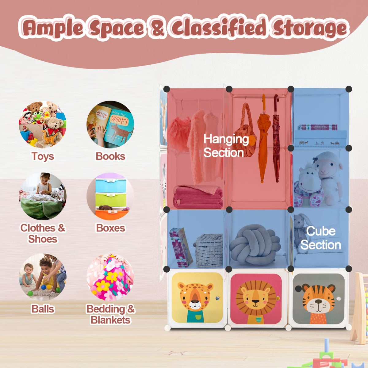 Kids wardrobe with 12 colorful cubes and hanging rods for customizable storage solution.