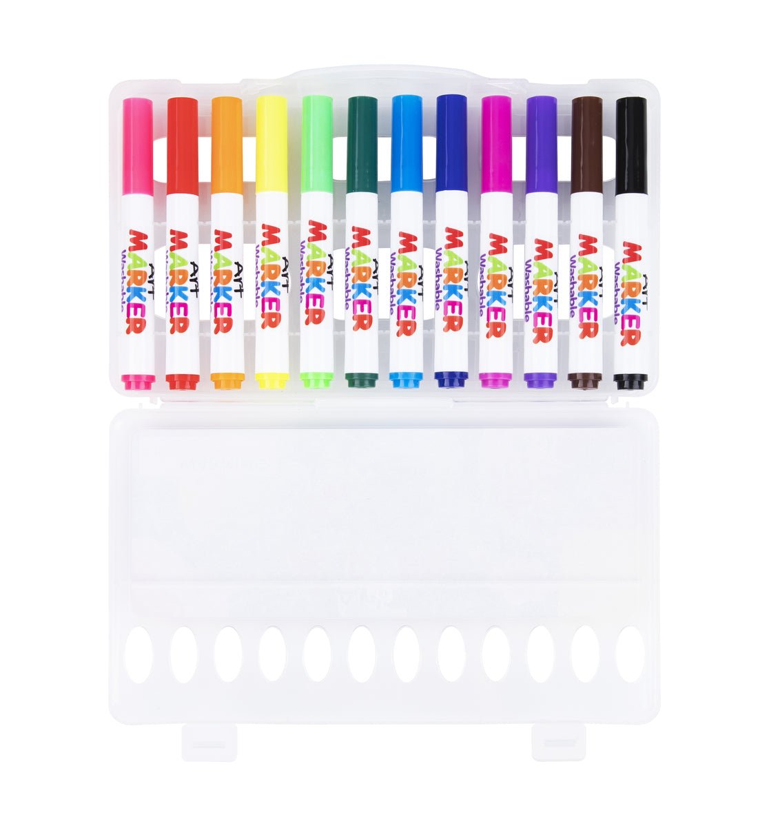 Set of 12 vibrant washable markers for kids creative art projects at home.