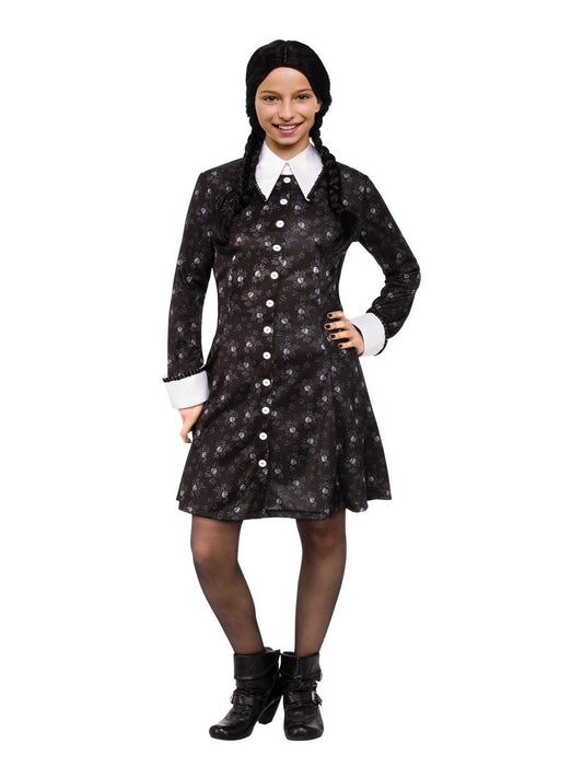 Wednesday Addams kids skeleton dress costume for spooky home play and Halloween fun.