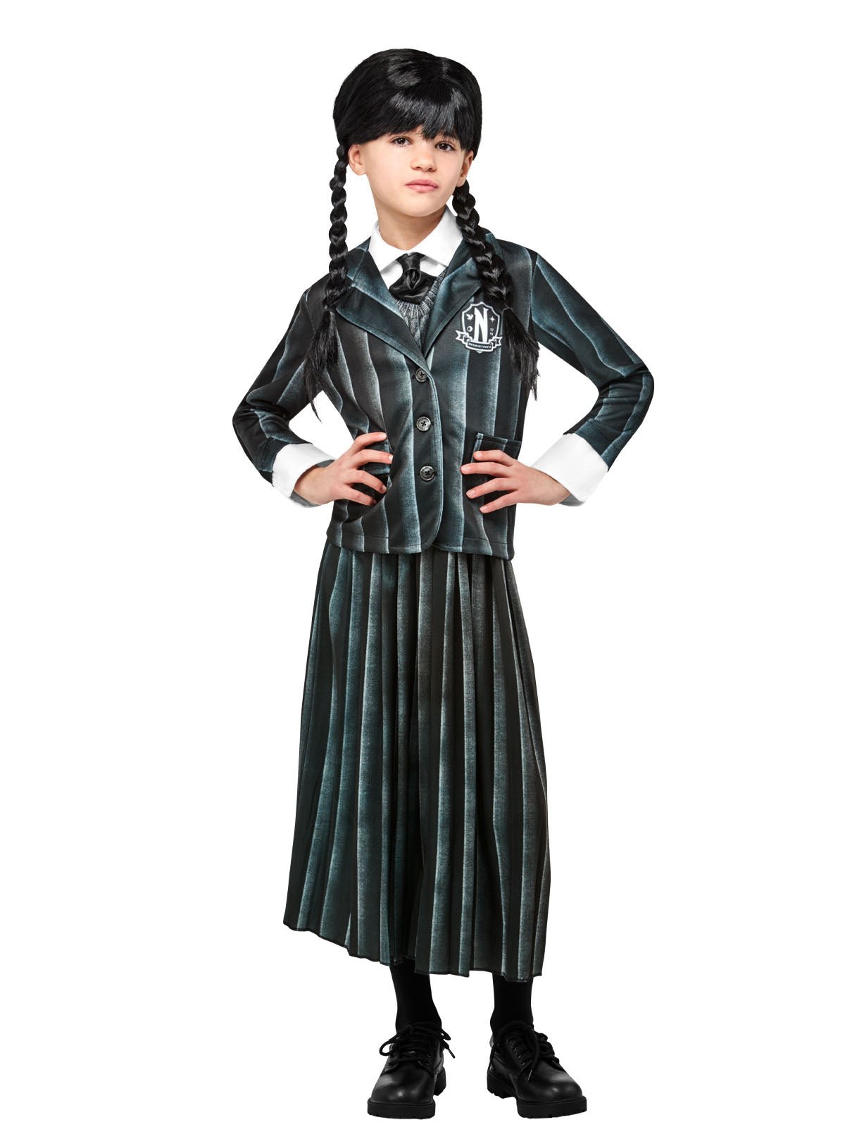 Kids costume from Wednesday Nevermore Academy on Netflix, perfect for Halloween dress-up at home.