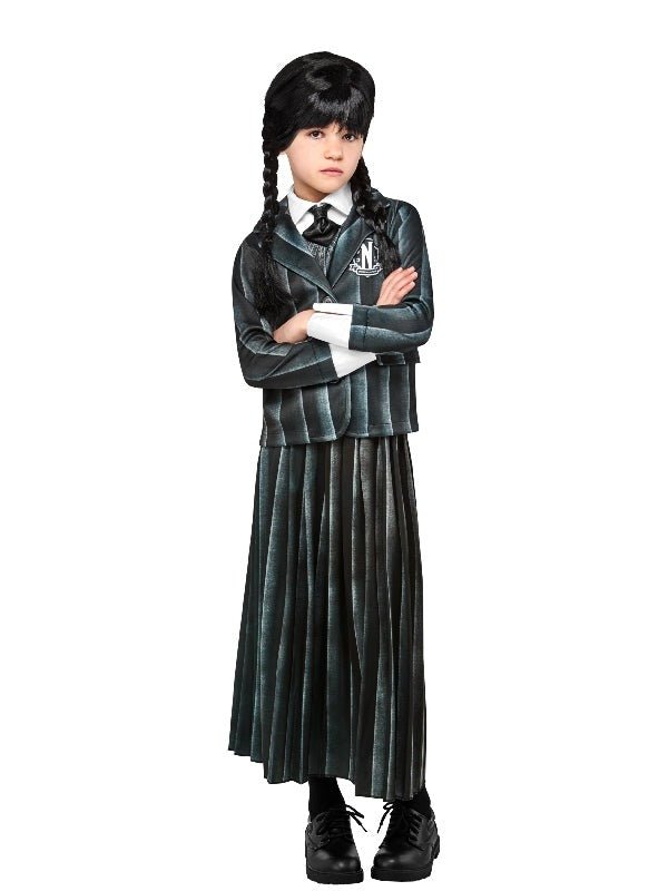 Wednesday Nevermore Academy costume for kids, as seen on Netflix, perfect for dress-up play.