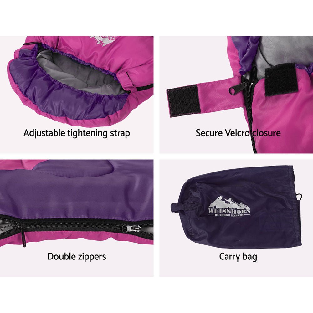 Pink kids sleeping bag for camping and hiking, 172cm long, with thermal insulation for warmth.