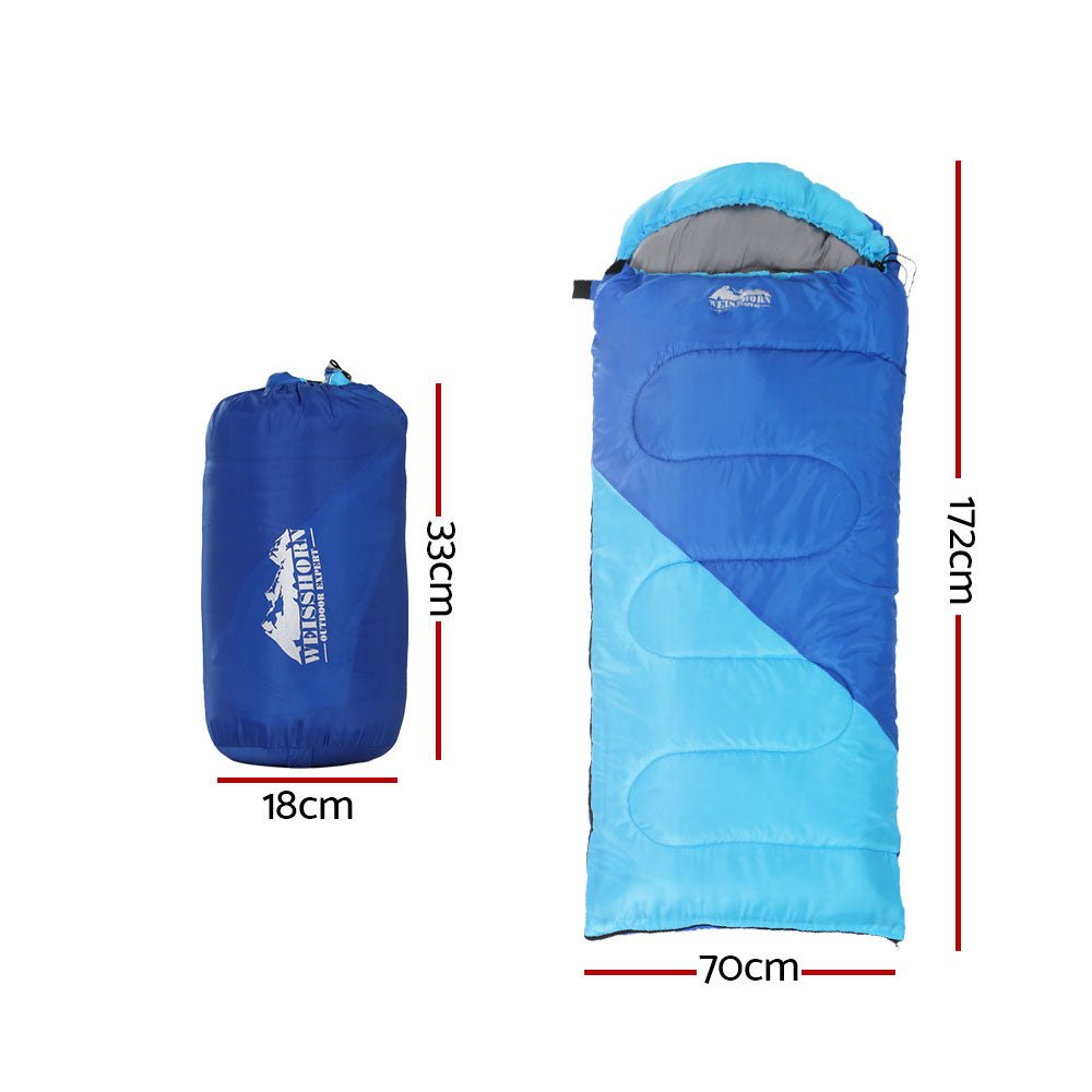 Weisshorn kids 172cm blue thermal sleeping bag for camping and hiking adventures.