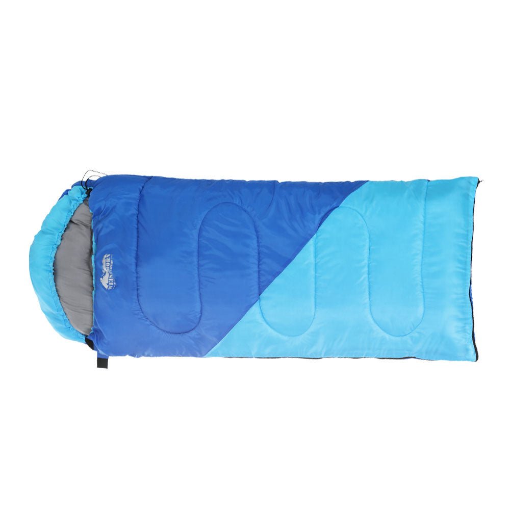 Kids 172cm blue sleeping bag for camping and hiking, insulated for warmth and comfort.