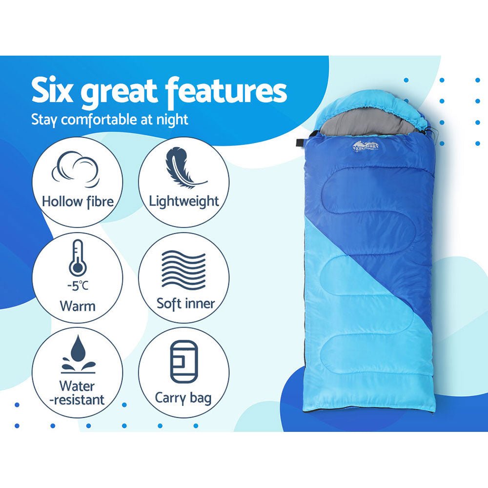 Weisshorn 172cm kids thermal sleeping bag in blue, perfect for camping and hiking adventures.