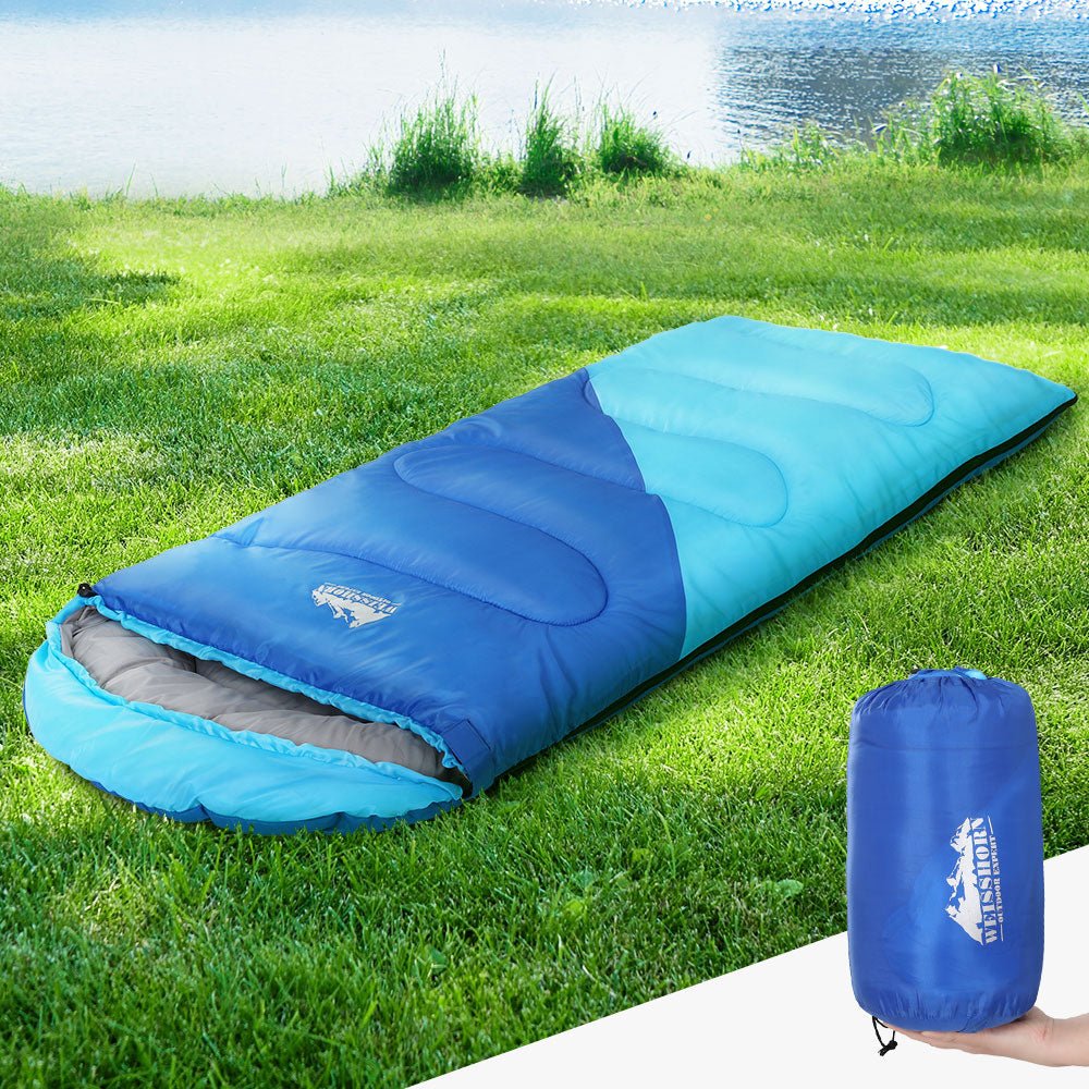 Blue Weisshorn kids sleeping bag, 172cm, ideal for camping and hiking adventures.