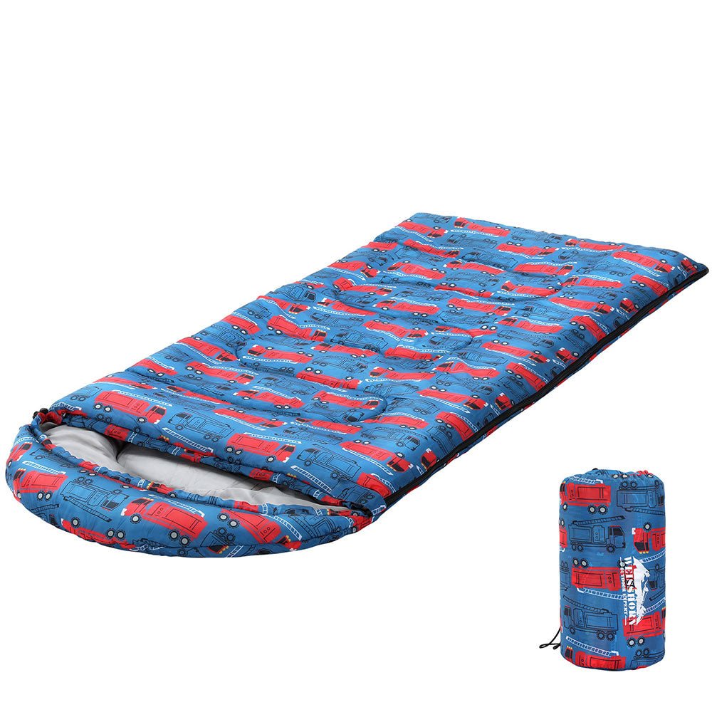 Kids 180cm blue sleeping bag for camping and hiking, featuring thermal insulation for warmth.