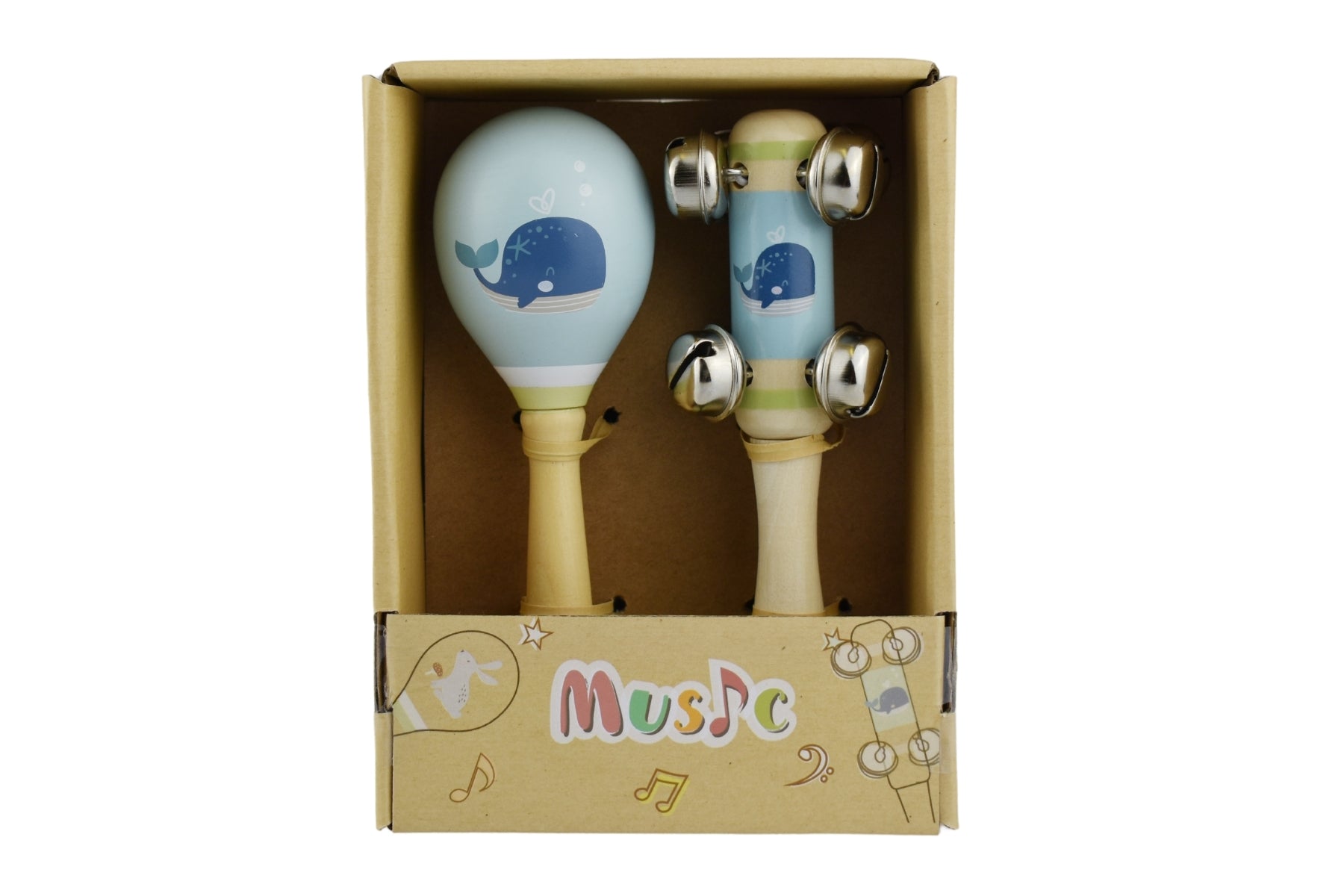 Whale-themed 2-piece music set with wooden maraca and bell stick for childrens fun play.