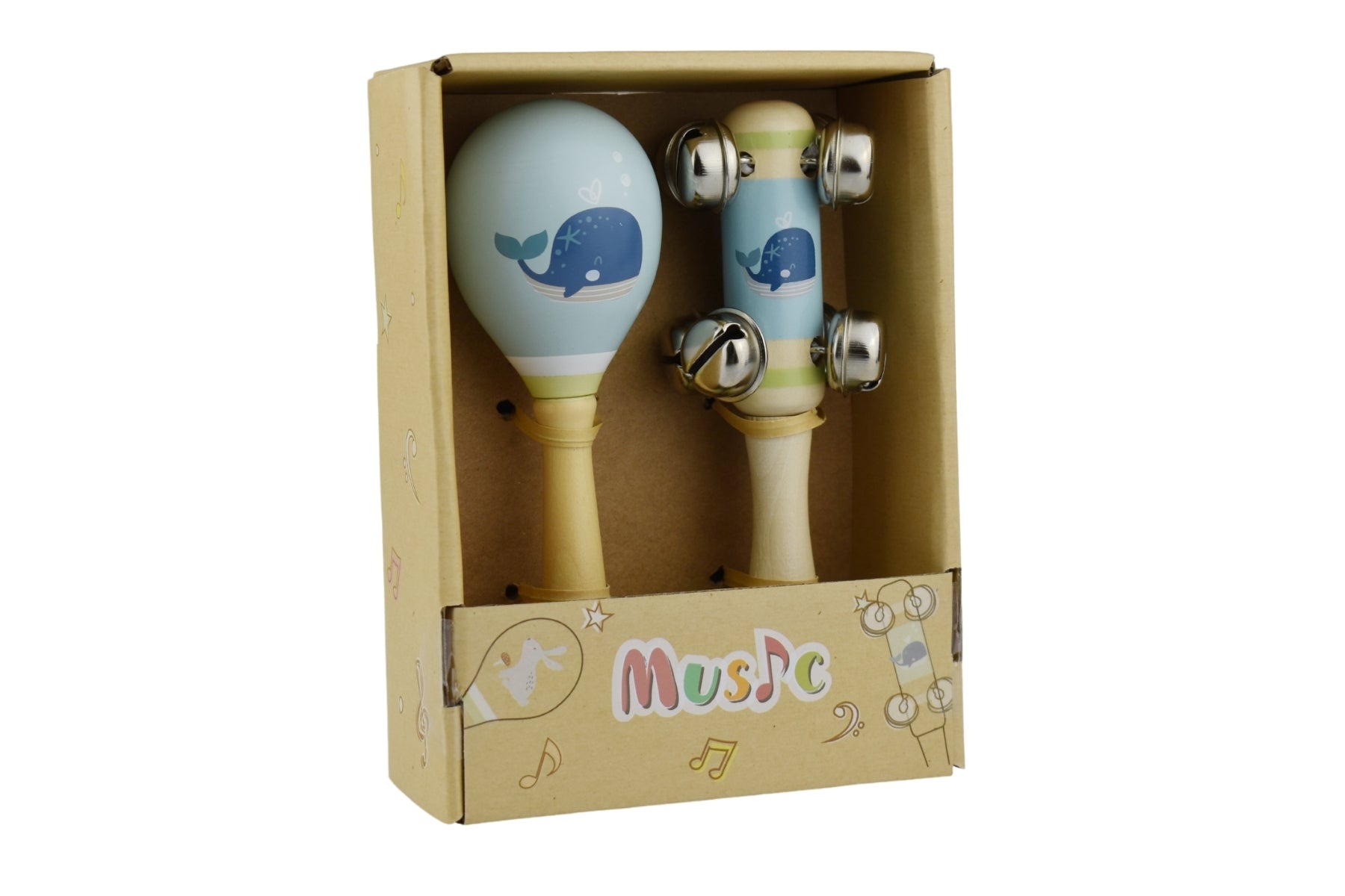 Whale Wooden Maraca & Bell Stick 2Pc Music Set - Kids Mega Mart