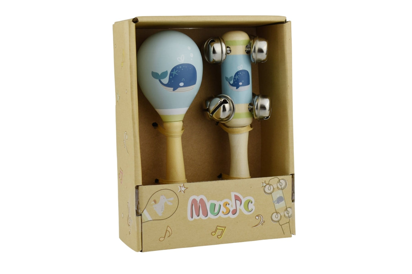 Whale-shaped maraca and bell stick set for kids, promoting motor skills through music.