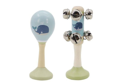 Wooden whale maraca and bell stick set for childrens music play at home.