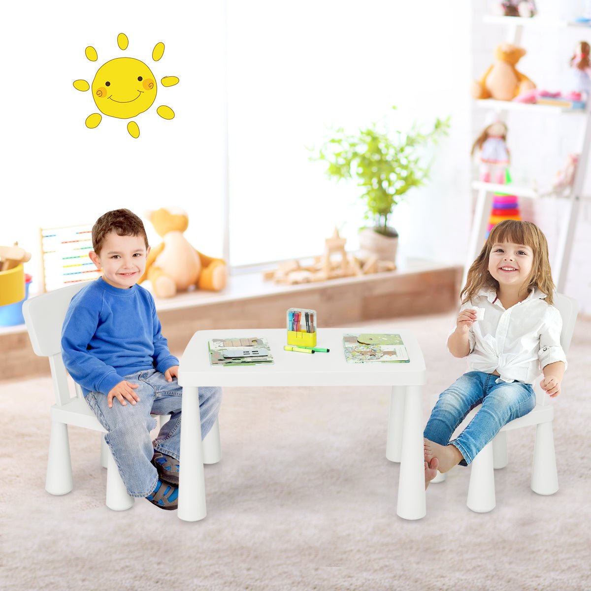 3-Piece Kids Table and Chairs Set - Cozy White Reading Corner