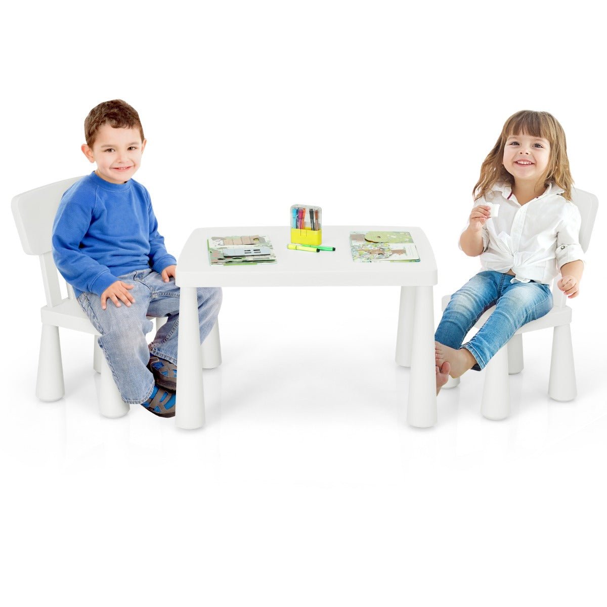 Children's Reading Corner Furniture - White Table and Chairs Ensemble
