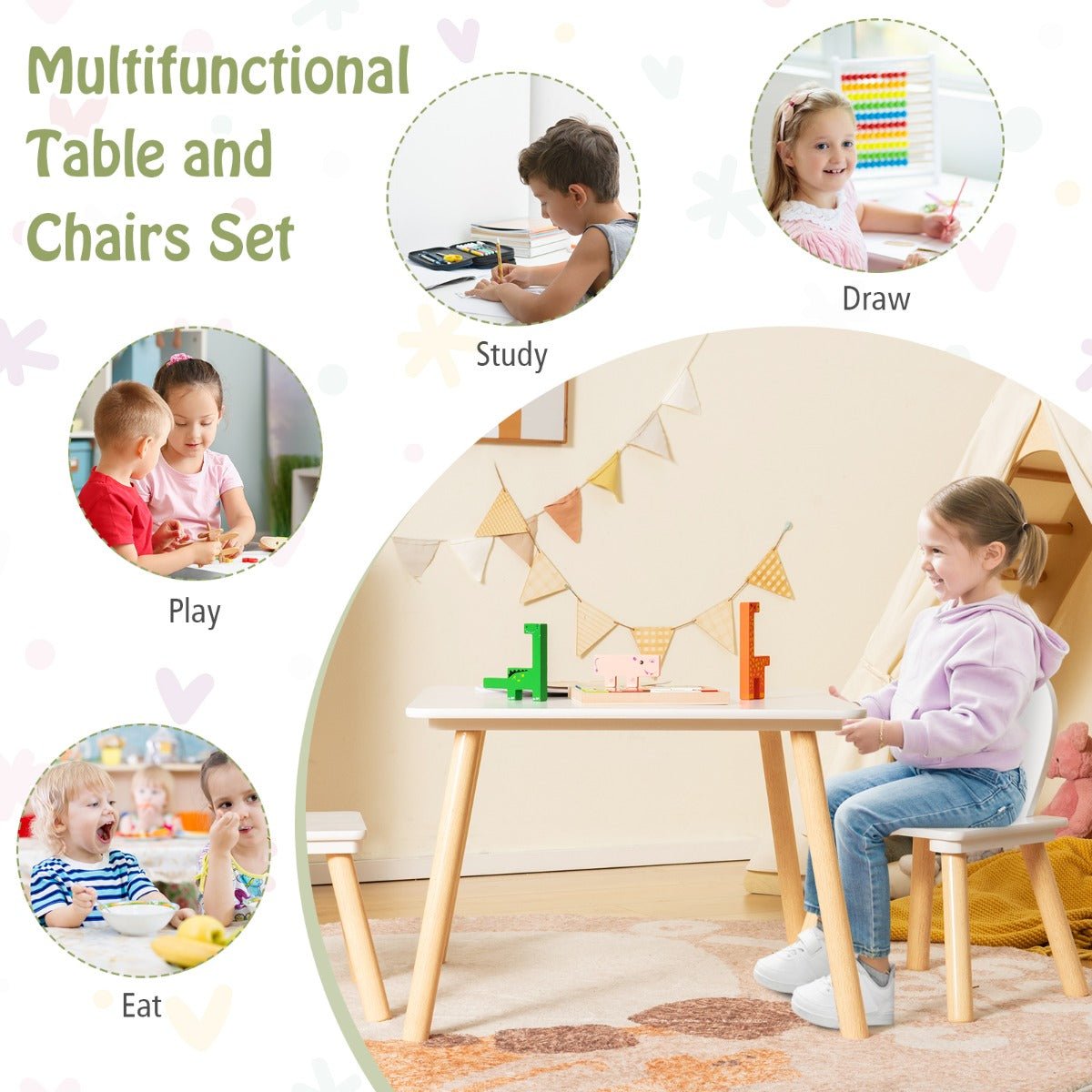 Kids grey and white bunny chair table set ideal for crafts and playtime activities.