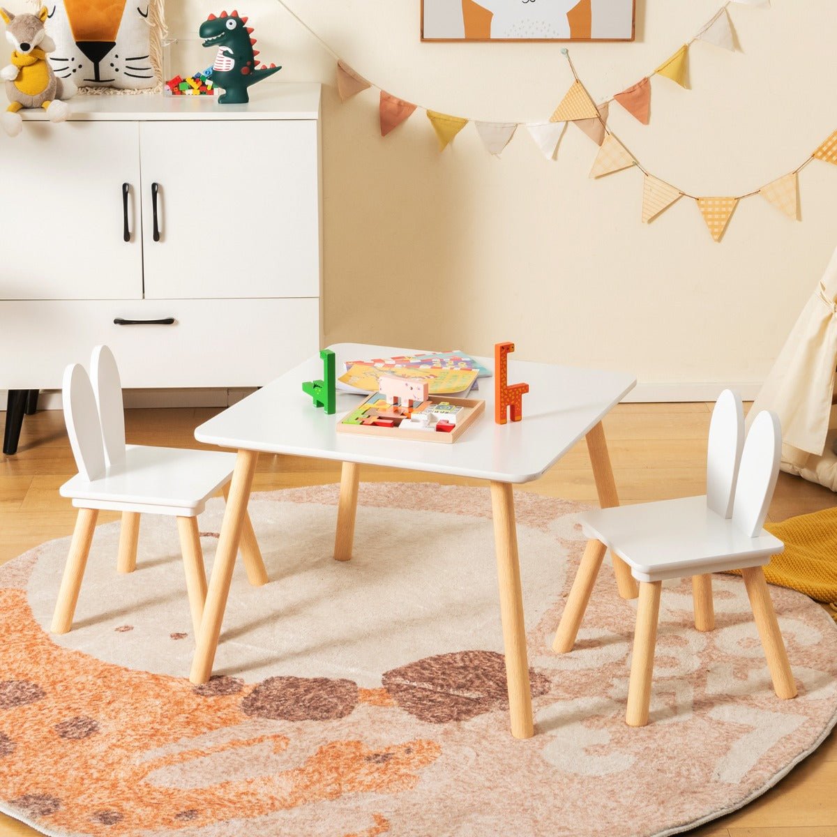 Kids grey and white bunny chair table set for crafts and play, perfect for imaginative fun.