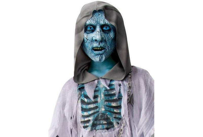 White Demon Child Costume with Mask and Gloves for spooky home dress-up fun.