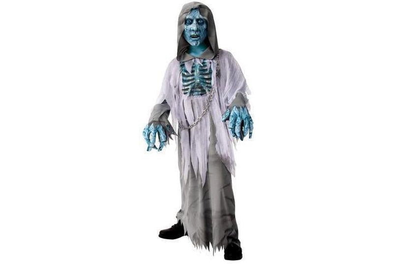 White Demon Child Costume with Mask and Gloves for spooky Halloween fun at home.