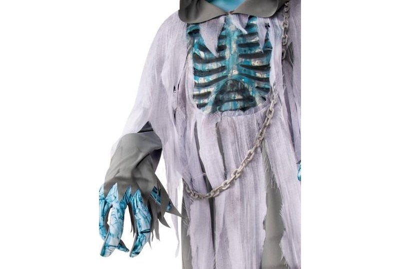 White demon child costume featuring mask and gloves for spooky playtime fun at home.