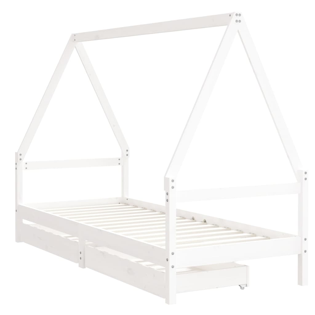 White kids house bed frame with storage drawers - Pine wood for playful bedroom.