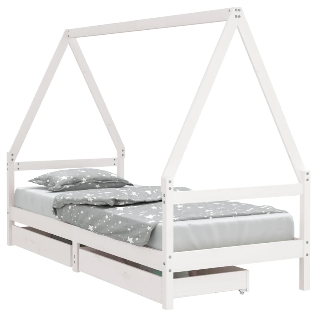 White kids house bed frame with storage drawers made from pine wood for playful bedroom.