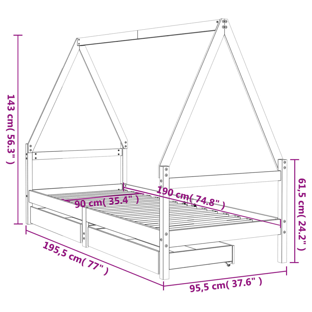 White kids house bed frame with storage drawers made of durable pine wood.