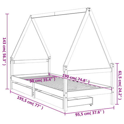 White kids house bed frame with storage drawers made of durable pine wood.