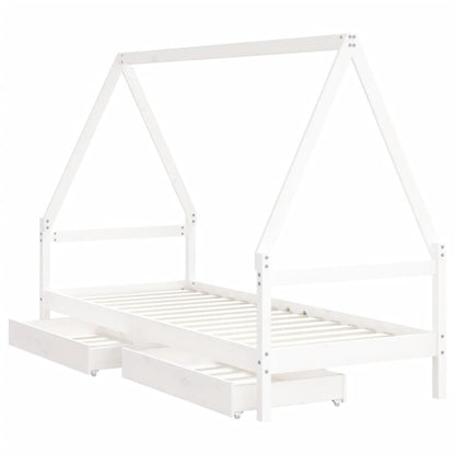 White kids house bed frame with storage drawers, made from sturdy pine wood.